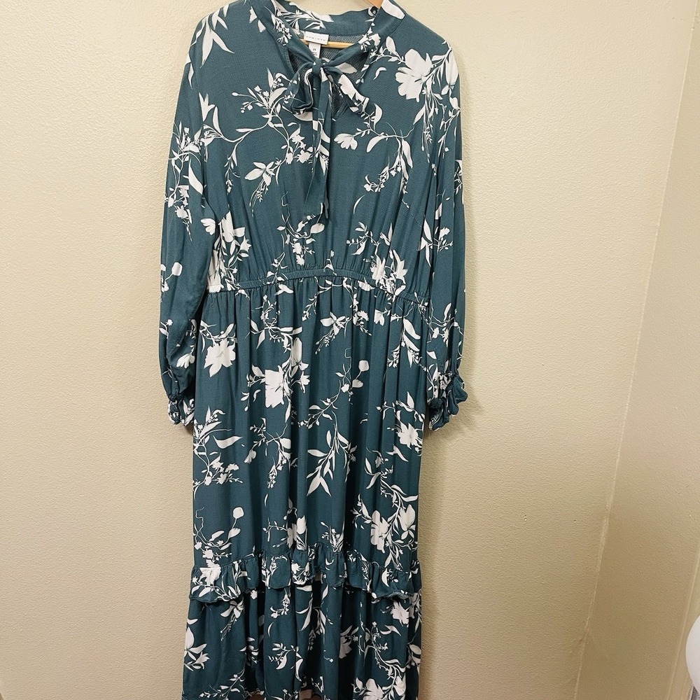 Ava & Viv Floral Bow Tie Dress Midi Tiered Teal White Office Cottagecore Size 2X